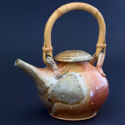 wood-fire (anagama) teapot with cane handle